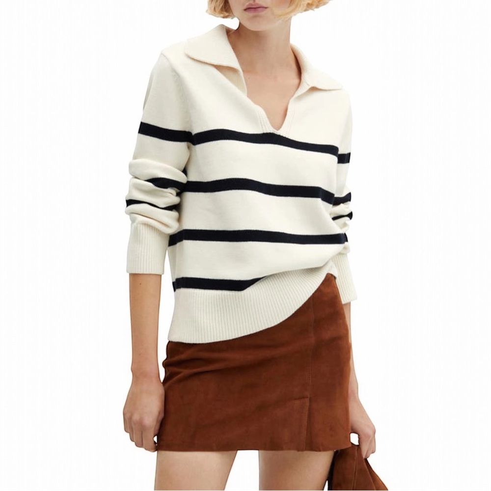 Mango Women's Striped Polo Neck Sweater In Ecru